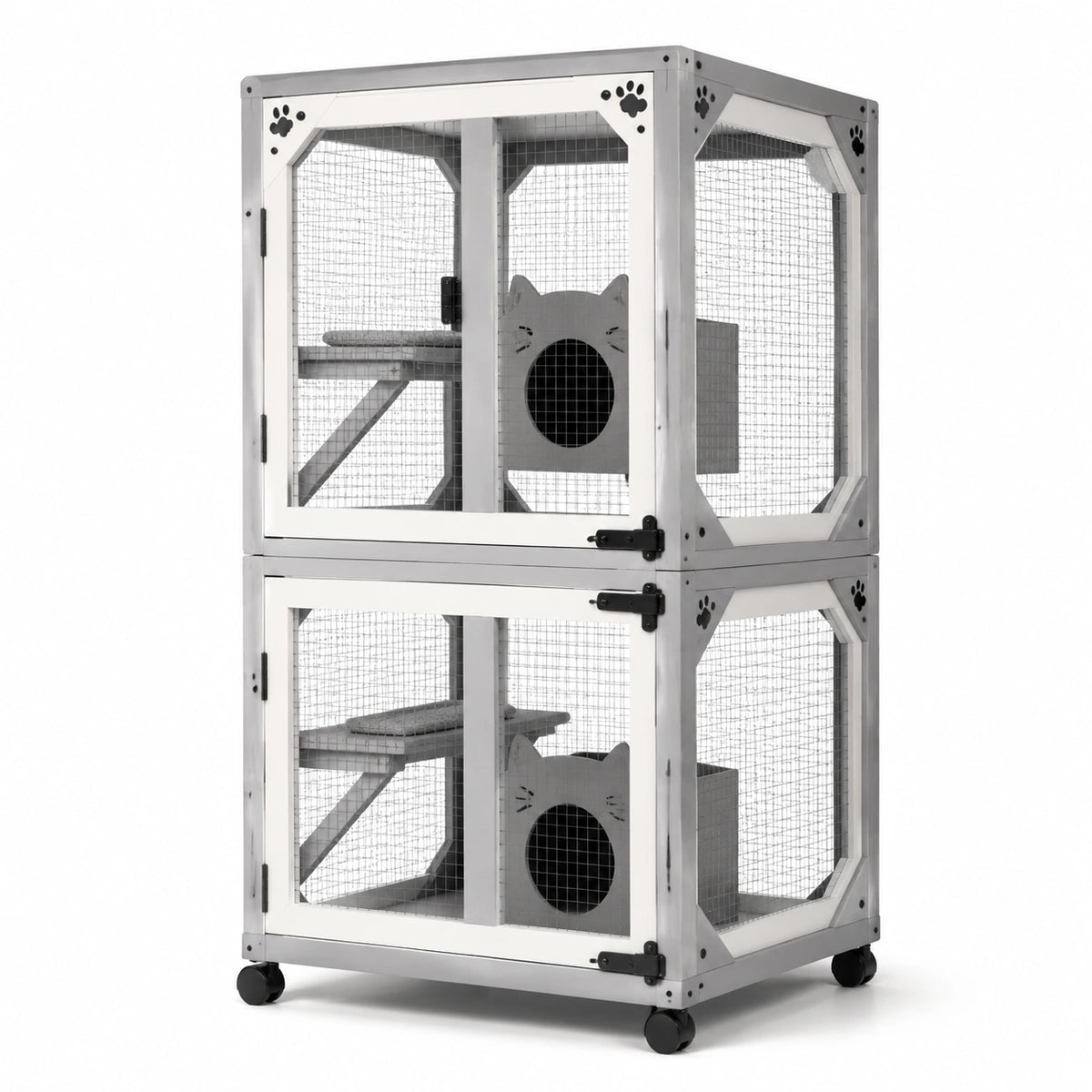 Enclos pour chat à deux niveaux 90 x 60 x 150 cm en bois composite et maille métallique Gris/Blanc/Noir avec roulettes