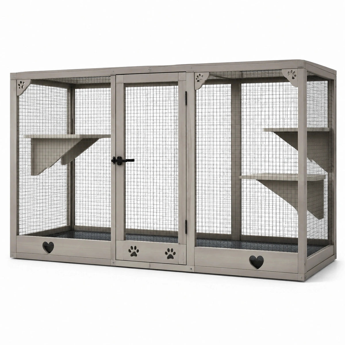 Enclos pour chat en bois gris et maille métallique avec plateformes, 180 x 90 x 180 cm
