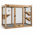 Enclos pour chat en bois naturel et grillage métallique noir, 180 x 90 x 180 cm