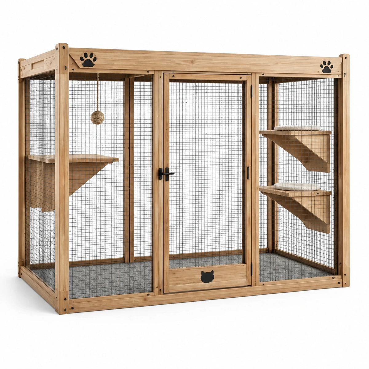 Enclos pour chat en bois naturel et grillage métallique noir, 180 x 90 x 180 cm