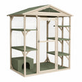Enclos extérieur pour chat en bois et maille métallique Beige/Vert, 180 x 90 x 190 cm, avec toit et plateformes