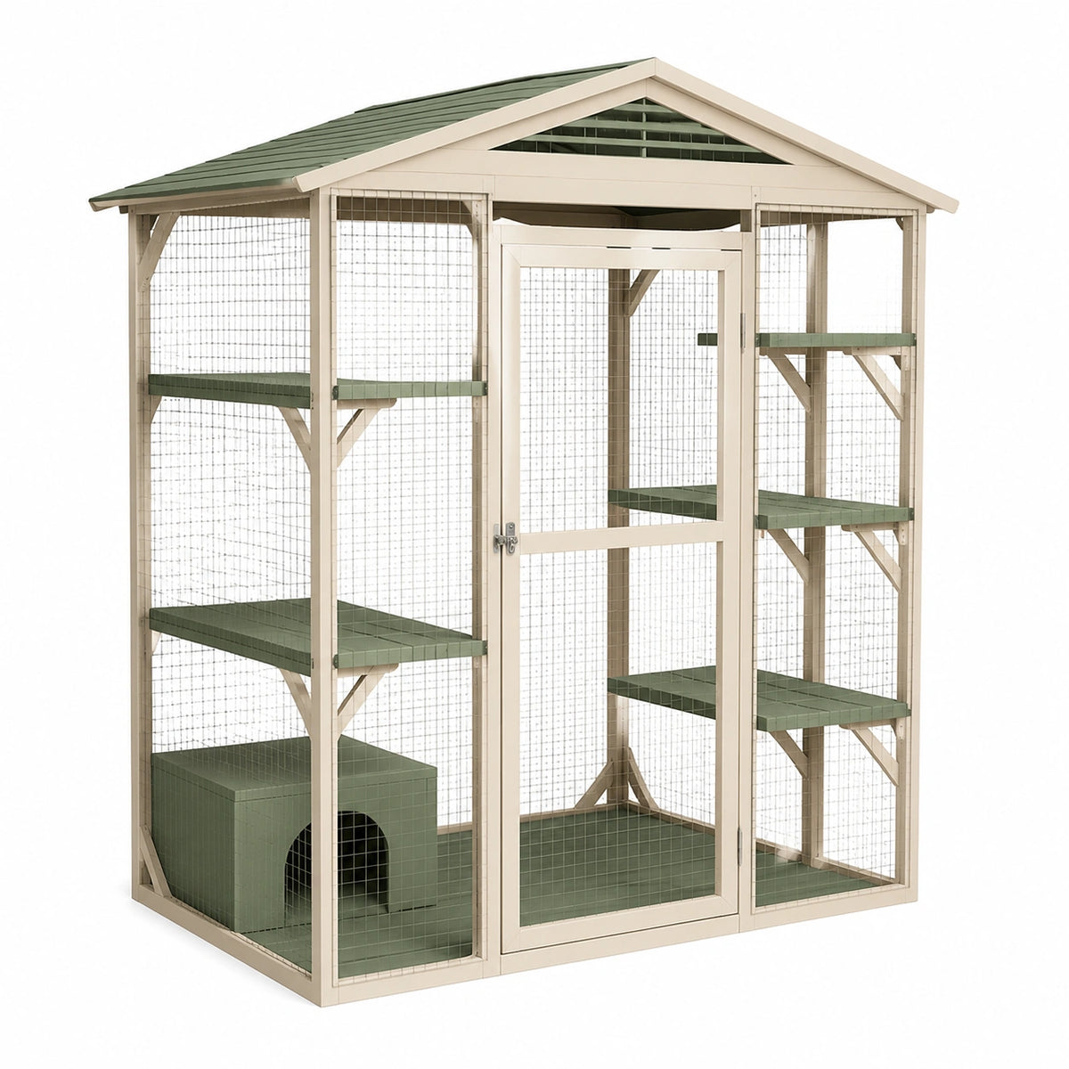 Enclos extérieur pour chat en bois et maille métallique Beige/Vert, 180 x 90 x 190 cm, avec toit et plateformes